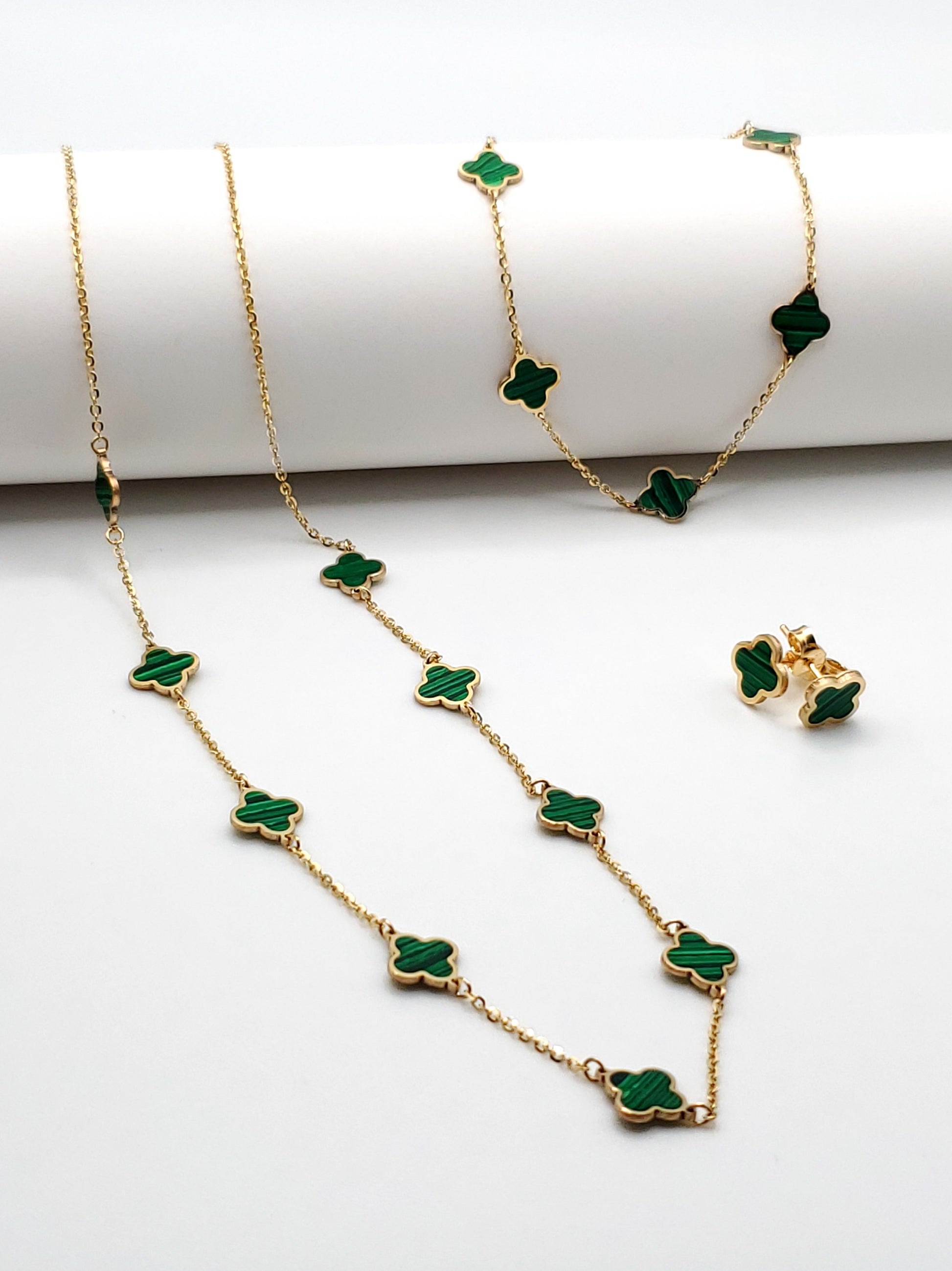 14k Gold Malachite Inlay Clover Set