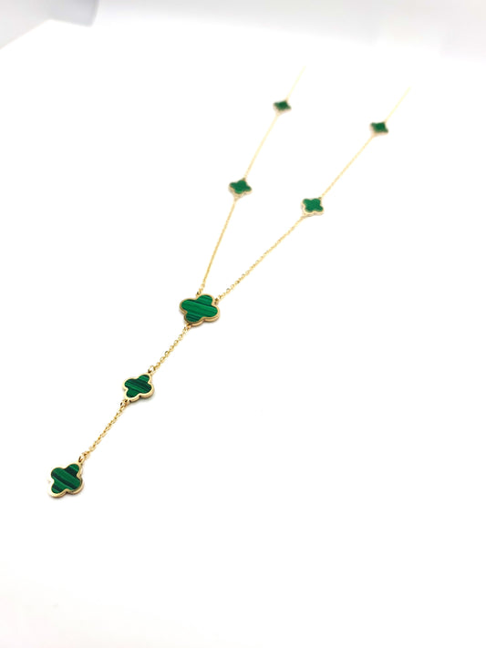 14k Gold Lariat Necklace with Malachite Inlay Clovers