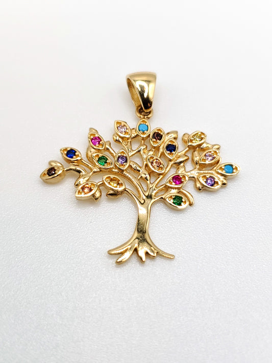 14k gold Multi color cubic zirconia stone tree of life pendant