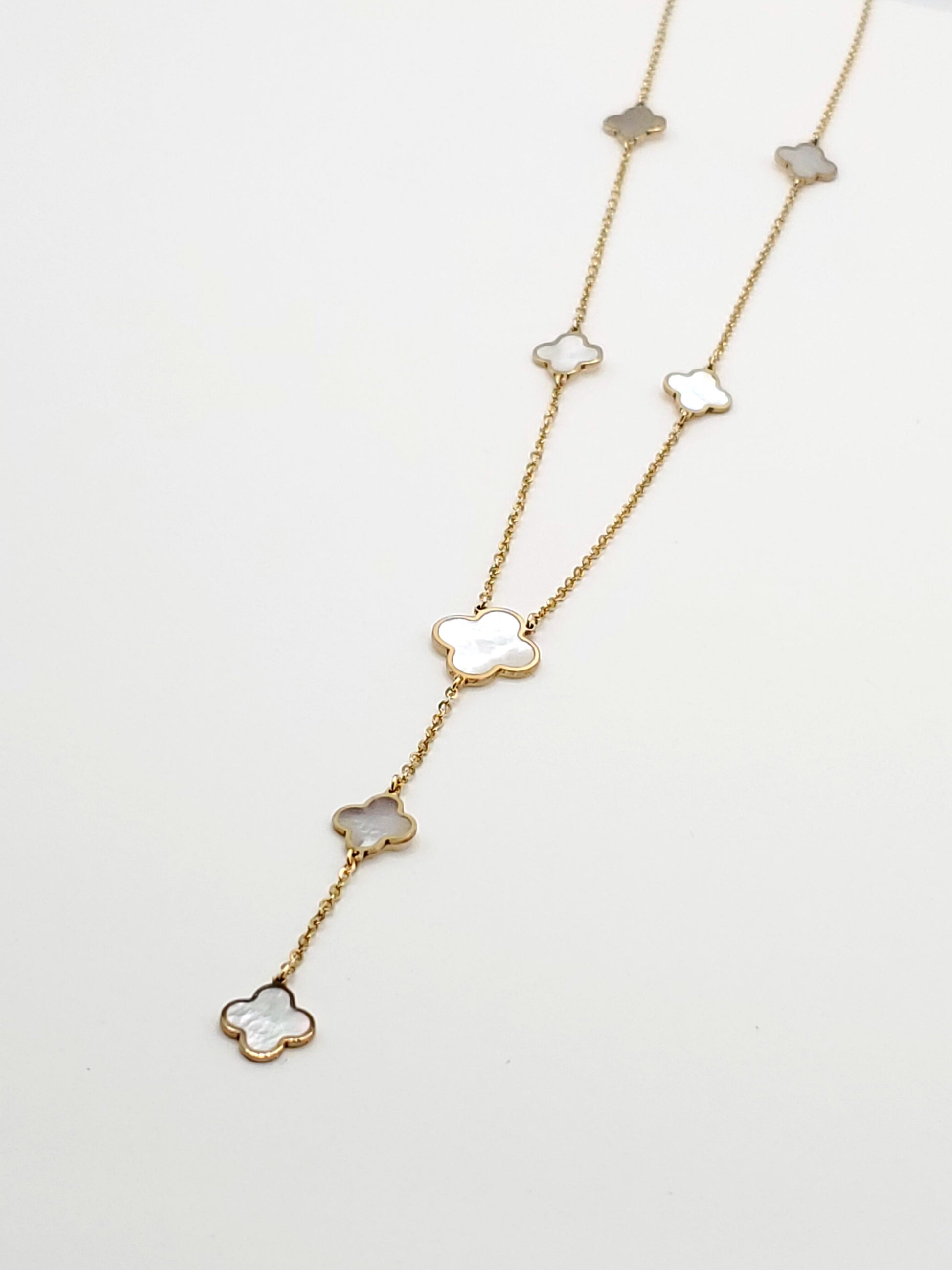 14k Gold Lariat Necklace with Mother-of-Pearl Inlay Clovers 