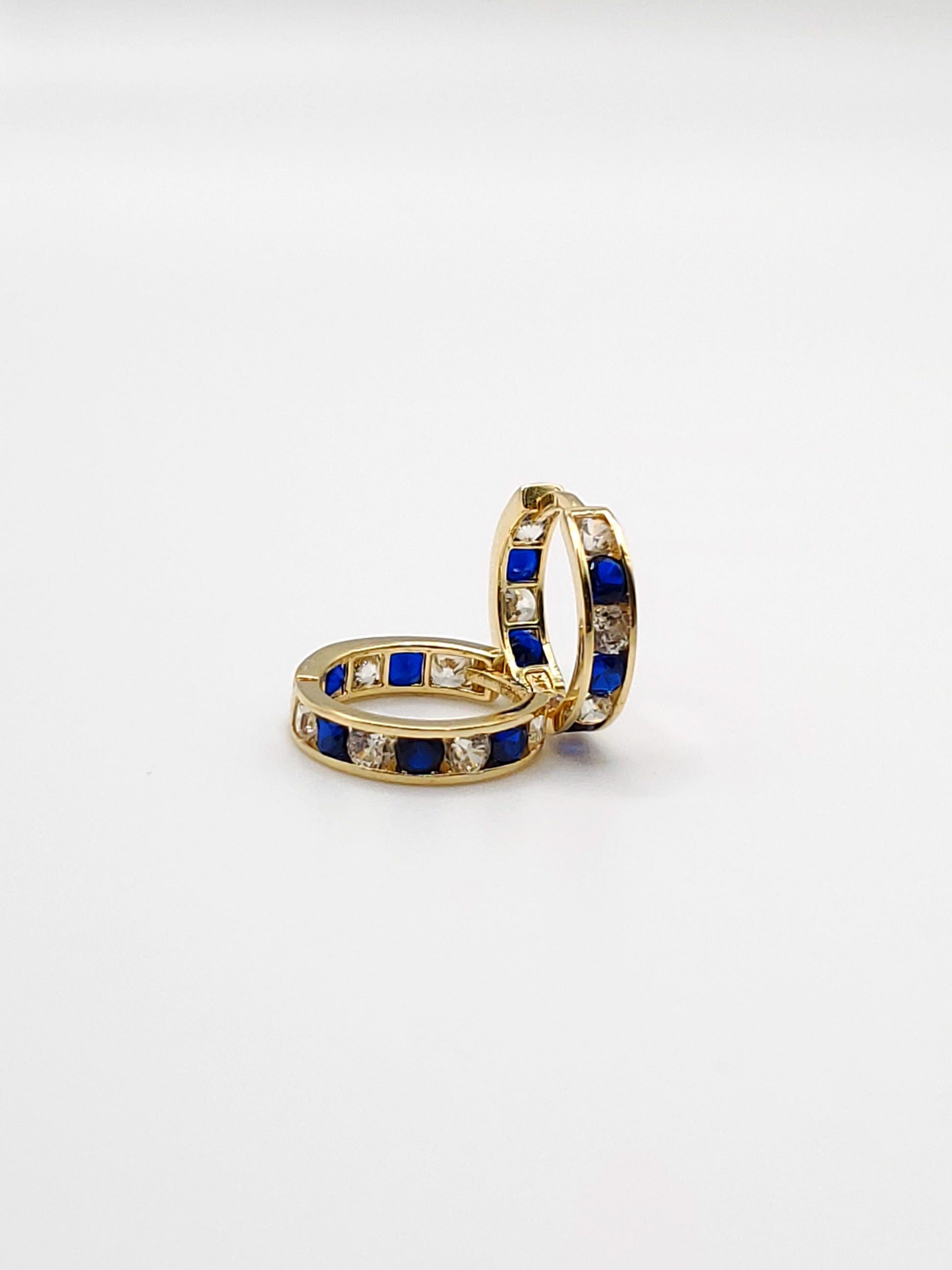 Small 14k Gold Huggie Earrings with Sapphire CZ Stones