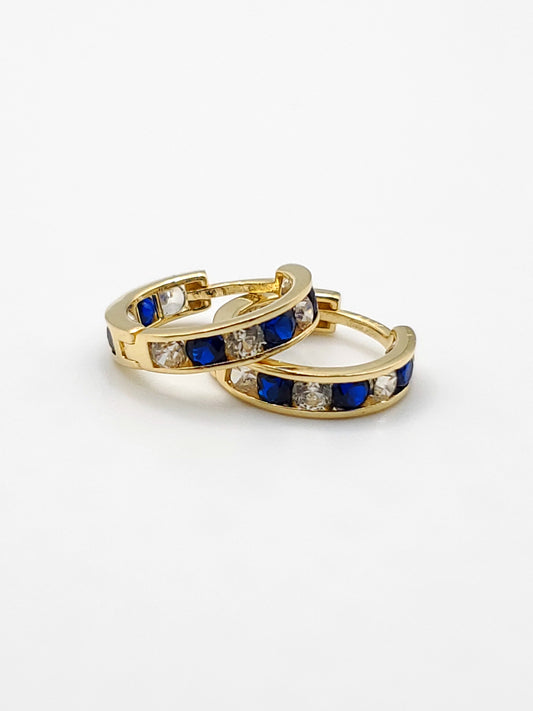 Small 14k Gold Huggie Earrings with Sapphire CZ Stones