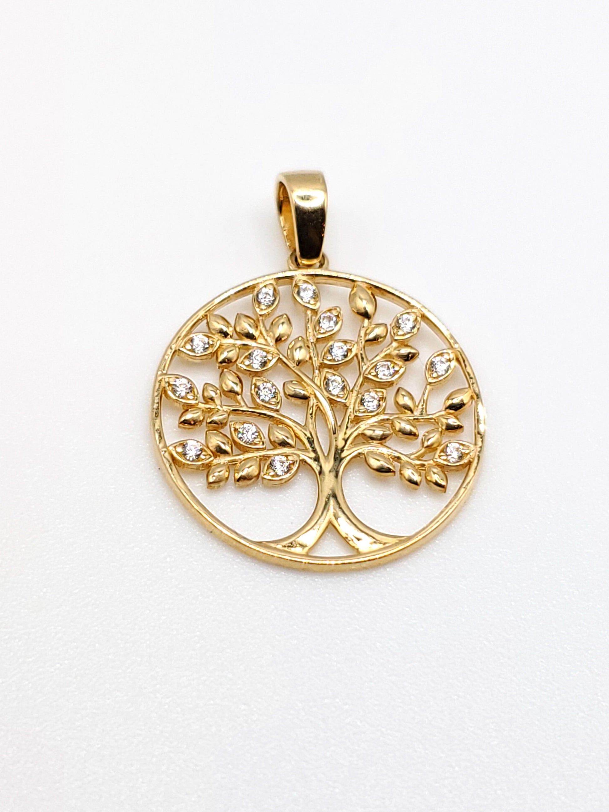 14k gold tree of life pendant with white cubic zirconia stones